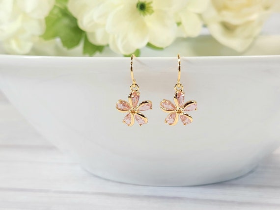 Flower earrings, Pink earrings, Plumeria flower earrings, Dainty floral earrings, Gold dangle earrings, Gemstone earrings, Gift for her