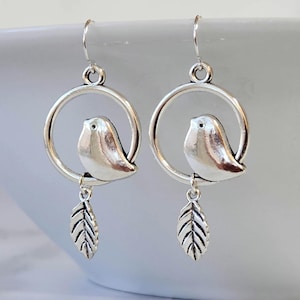 Bird earrings, Silver earrings, Nature earrings, Minimalist earrings, Dangle earrings, Animal earrings, Dainty earrings, Leaf earrings