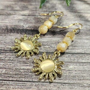Sun earrings, Boho earrings, Shell earrings, Celestial earrings, Gold sun earrings, Gold drop earrings, Bohemian earring, Shell bead earring