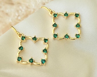 Emerald green zircon earrings, Gold dangle earrings, Dainty earrings, Green gemstone, Elegant earrings, Minimalist earrings, Gift for her