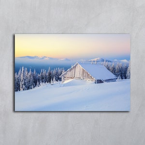 Winter printables, Mountain photography, Winter snowy houses christmas postcards digital for prints, Snow wall art, Background scenery