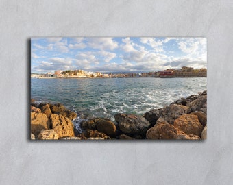 Chania seaport panorama, Crete photography, Colorful old houses, Beach town wall art, Digital Download, Sea printable, Architecture photo