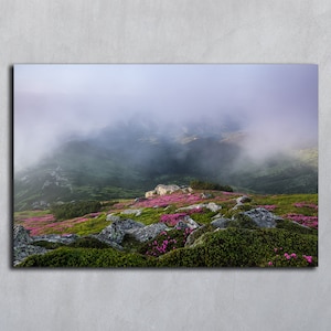 Stampa di montagna nebbiosa, paesaggio floreale, fotografia di paesaggio dei Carpazi, download digitale, stampabile ucraino, foto orizzontale nebbiosa primaverile