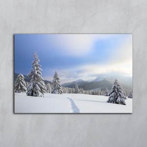Téléchargement numérique d'hiver, Impressions de paysages, Paysage d'hiver, Impressions photo de papier peint de la nature, Poster horizontal, Forêt d'épicéas