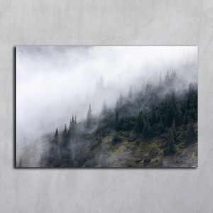 Impressions de brouillard à télécharger, Impressions photographiques d'arbres, Art mural horizontal, Art mural numérique montagne, Photo de conifères imprimables, paysage