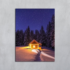 Vertical night magical scenery, Winter landscape print, Snow background digital download, Christmas Snowy house photo, Snow covered forest