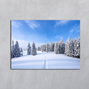 Arte murale orizzontale invernale, Foto di montagna, Fotografia stampabile di foreste innevate, Download digitale di alberi, Panorama di stampa di paesaggi di sfondo