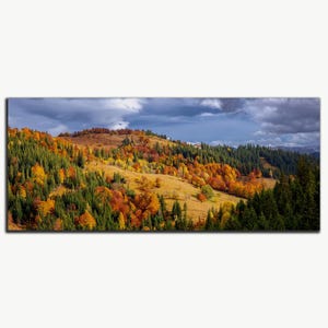 Panoramic autumn mountain digital download, Fall landscape photo downloadable, Horizontal Carpathian forest photography, Primitive prints