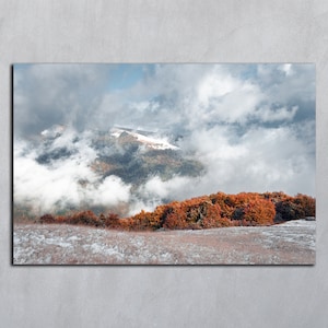 Autumn photography, Carpathian forest fall digital download wallpaper, Horizontal poster prints, Primitive fall, Snow mountain printable