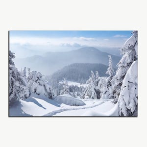 Photographie panoramique de paysage d'hiver, affiche de montagne de l'Ukraine, arbre de Noël, téléchargement numérique, impression d'affiches horizontales de forêt enneigée