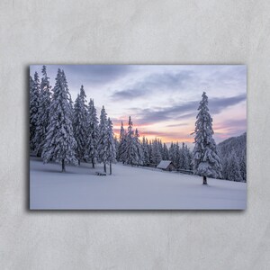 Winter Sonnenuntergang Landschaft, Printables Waldhaus, Winter Landschaft digital download Drucke, Hintergrund Sonnenuntergang Postkarten, Druckfotografie