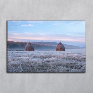 Sunrise photography, Sunset scenery, Haystacks in snow, Horizontal digital download wall art Autumn landscape Stacked hays fall downloadable