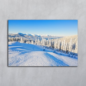 Art mural montagne hivernal, Paysages d'hiver, Photographie imprimable de forêt de neige, Téléchargement numérique d'arbre, Cartes postales imprimables, Pays des merveilles de l'hiver