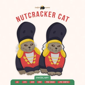 Op de afbeelding: Digitale illustratie van twee cartoonkatten in notenkraker-outfits. Ze dragen zwarte hoeden, rode jassen met gouden randen en witte kragen. De tekst "NUTCRACKER CAT" staat boven de katten, met "CHEESY PUPPY" bovenaan.