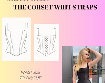 Overbust Corset Pattern PDF 27.5" (70cm) waist, overbust corset with straps for sewing, crop top sewing pattern
