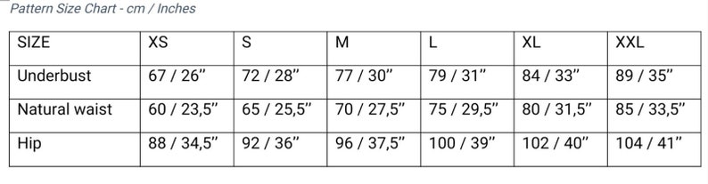 Puede incluir: Tabla de tallas para ropa en cent&iacute;metros y pulgadas. La tabla muestra las medidas de debajo del busto, cintura natural y cadera en las tallas XS, S, M, L, XL y XXL.