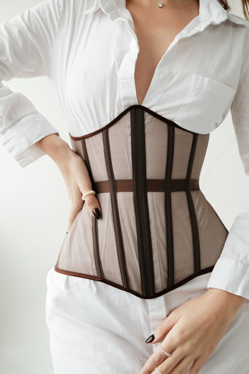 Puede incluir: Un cors&eacute; marr&oacute;n y beige con detalles de cinta marr&oacute;n. El cors&eacute; est&aacute; hecho de una tela transparente y tiene un escote en V.