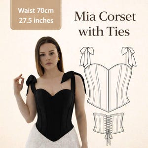 May include: Black corset with ties, featuring a sweetheart neckline and bow details on the straps. The waist measurement is 27.5 inches (70cm). The image also includes a line drawing of the corset and the text "Mia Corset with Ties".