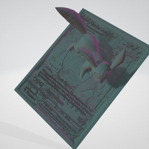 May include: A 3D-rendered model of a teal-colored Pokémon card featuring a Dark Eevee. The card displays text including 'Dark Eevee,' 'Darkness,' and 'HP 160.' The Eevee is rendered in a light gray color, positioned dynamically on the card. The card's design incorporates a vintage aesthetic with a textured background. The overall color palette is muted, with shades of teal, gray, and purple dominating the image.