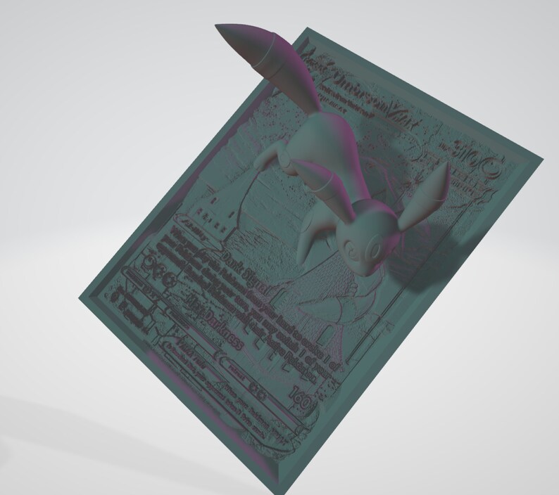 May include: A 3D-rendered model of a teal-colored Pokémon card featuring a Dark Eevee. The card displays text including 'Dark Eevee,' 'Darkness,' and 'HP 160.' The Eevee is rendered in a light gray color, positioned dynamically on the card. The card's design incorporates a vintage aesthetic with a textured background. The overall color palette is muted, with shades of teal, gray, and purple dominating the image.