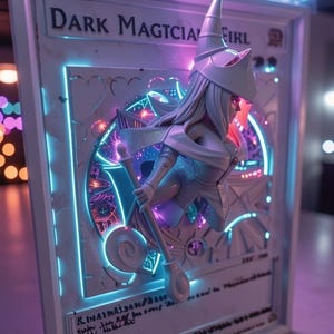 May include: A 3D framed wall art piece featuring a character in a pointed hat and staff, illuminated by blue and pink neon lights. The frame displays the text TRIPTPAPCREATIONS at the top and DARK MAGTCIA EIRL below, with intricate layered cutouts.