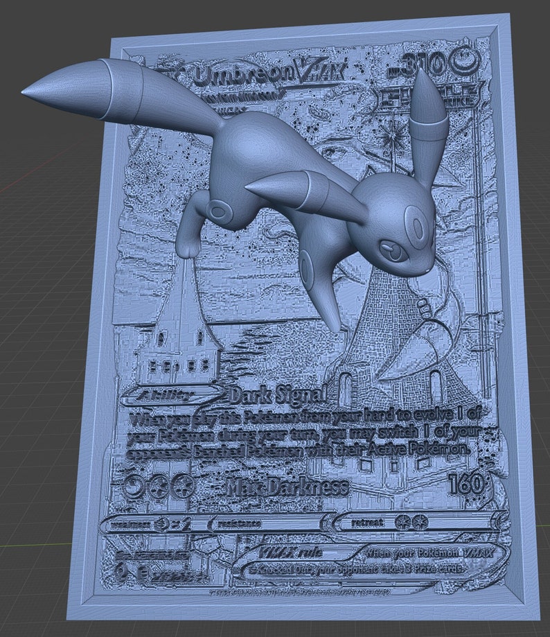 May include: A 3D-printed model of a Umbreon VMAX Pokémon card. The card features a blue Umbreon illustration, text detailing its abilities (Dark Signal, Max Darkness), and stats (160 HP). The model is detailed, showing texture and depth.  The card's name and artwork are clearly visible. The 3D model is a collectible item for Pokémon fans.