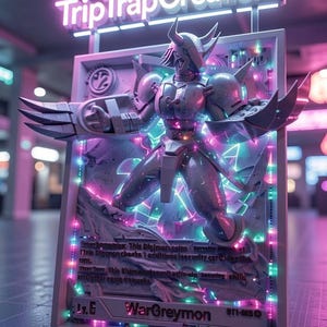 May include: A 3D display featuring a metallic WarGreymon figure on a card-shaped frame with neon lighting. The sign reads TripTrapCreations at the top and WarGreymon at the bottom, with text details visible on the card surface in a purple and blue glow.