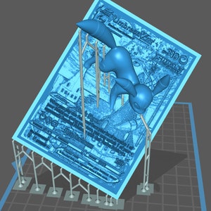 May include: 3D-printed model of a blue Umbreon Pokémon card with a miniature Umbreon figure. The card displays Umbreon's stats and abilities, including 'Dark Signal' and 'Max Darkness'. The model is supported by a structure of thin, light gray rods and bases, suggesting a 3D printing support system. The overall color scheme is cool-toned, with light blue dominating the card and figure, and gray in the support structure.