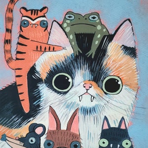 IMPRESSION d'un chat et de bestioles de 20 x 10 po. sur du papier cartonné, paysage artistique fantaisiste