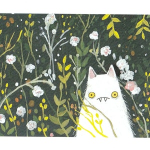 PRINT of white cat in floral landscape on matte cardstock paper 5x7" whimsical art