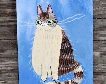 Pode incluir: Ilustração de um gato caprichoso em papel. O gato tem pelo castanho e branco, óculos verdes e uma cauda listrada. O fundo é azul com detalhes brancos. O texto na parte superior diz "no tariffs on US orders."