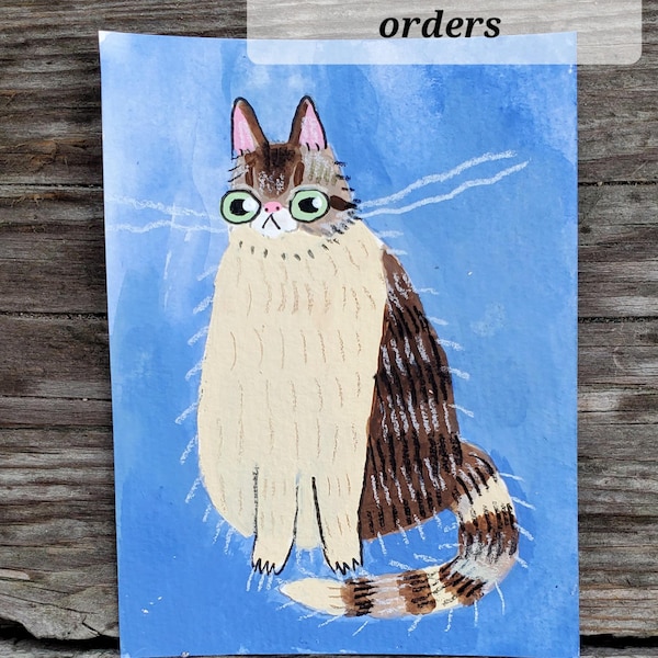 Un mini retrato personalizado de tu gato en este estilo, de 7,6 x 10,1 cm (3 x 4 pulgadas), impreso en papel.
