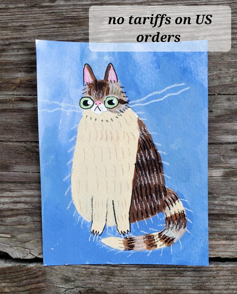 Pode incluir: Ilustra&ccedil;&atilde;o de um gato caprichoso em papel. O gato tem pelo castanho e branco, &oacute;culos verdes e uma cauda listrada. O fundo &eacute; azul com detalhes brancos. O texto na parte superior diz "no tariffs on US orders."