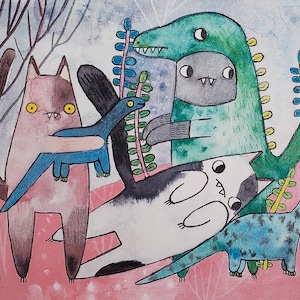 PRINT of cats and dinosaurs on cardstock paper 5x7" whimsical art