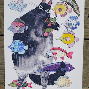 PRINT 8x10&quot; cat and fish on cardstock paper whimsical art landscape