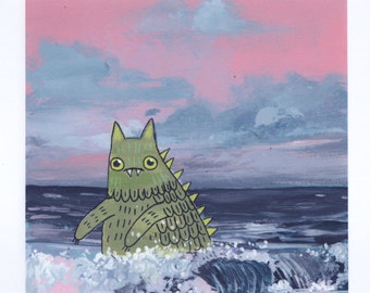 PRINT of cat creature in ocean on cardstock paper 5x7" whimsical art