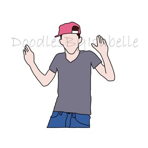 Könnte beinhalten: Eine Cartoon-Illustration einer Person, die eine rosafarbene Baseballkappe, ein graues T-Shirt und eine blaue Jeans trägt. Die Person winkt mit der rechten Hand und hat die linke Hand erhoben.