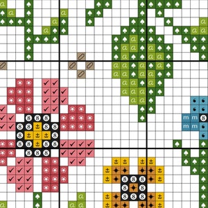May include: A cross-stitch pattern with a floral design. The pattern includes a red flower with a yellow center, a green leaf, and a brown button. The pattern is on a white background.