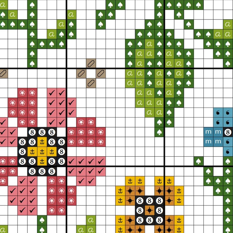 May include: A cross-stitch pattern with a floral design. The pattern includes a red flower with a yellow center, a green leaf, and a brown button. The pattern is on a white background.