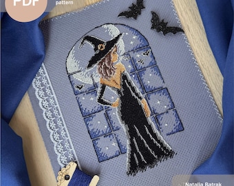 Elegant Witch Cross Stitch Pattern PDF Instant Download - Halloween Witch Silhouette with Window