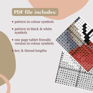 May include: A PDF file includes a cross-stitch pattern in color symbols, a pattern in black and white symbols, a one-page tablet-friendly version in color symbols, and a key and thread lengths.