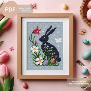 Easter Bunny Silhouette Cross Stitch Pattern PDF Instant Download, Rabbit with Flowers and Easter Eggs, Spring Cross Stitch Design