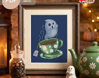 Niedliches Boo-Teetassen-Geist-Kreuzstichmuster (PDF), gruseliges Halloween-Design (Sofort-Download)