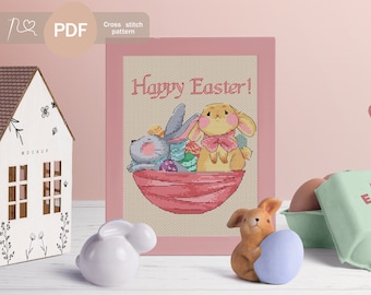 Happy Easter Cross Stitch Pattern, PDF Instant Download, Easter bunny cross stitch pattern, Easter decor, Easter basket cross stitch pattern