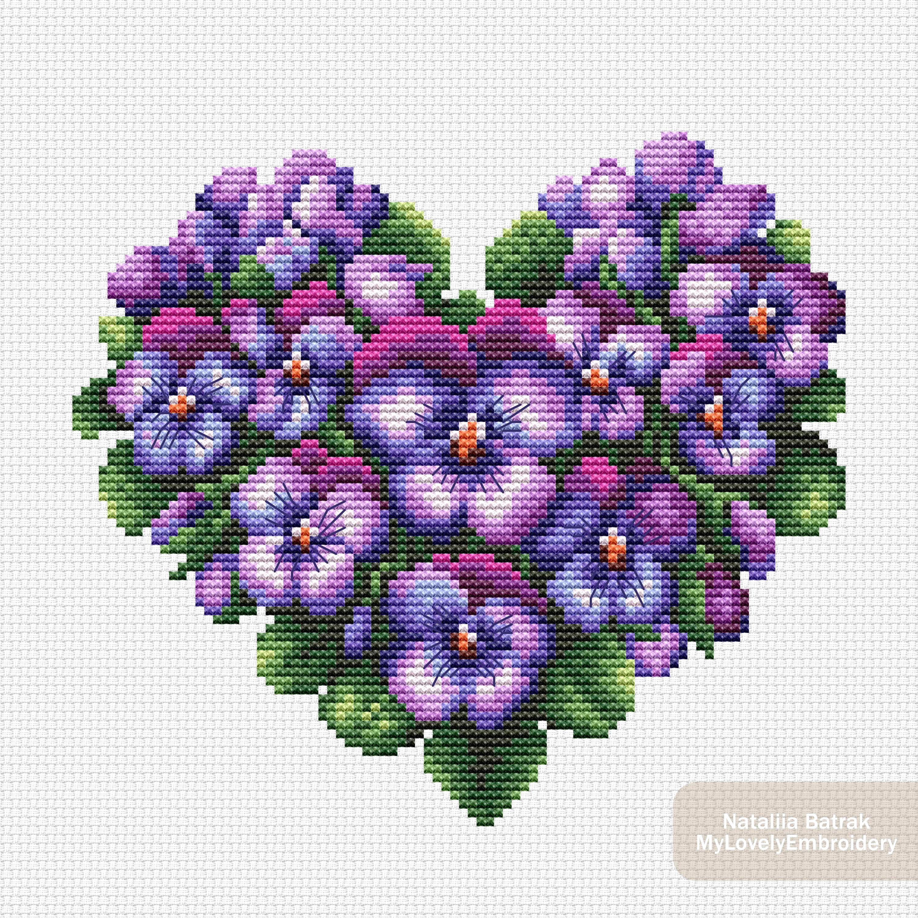［希少］刺繍本/Pensées et violettes 5-A-3626 Violet Heart Cross Stitch Pattern: Purple Pansy Floral Design (PDF