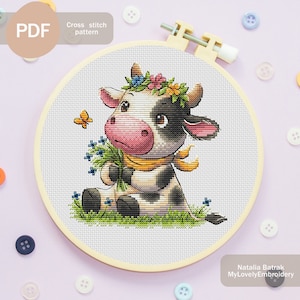 Cow Cross stitch pattern PDF Instant download, Floral cow Cross stitch pattern Cottagecore Embroidery pattern Farmhouse cross stitch