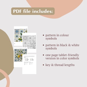 May include: A digital PDF file includes cross-stitch patterns. The image shows a lemon-themed design and other patterns in color and black and white symbols. The file also includes a tablet-friendly version and key with thread lengths.