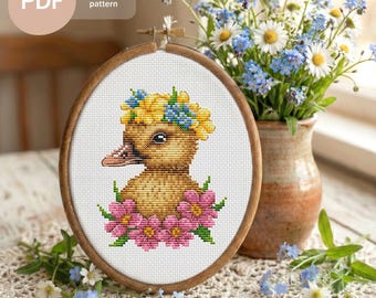 Baby Duckling with Flower Crown Cross Stitch Pattern, Spring Nursery Design (PDF Instant Download)