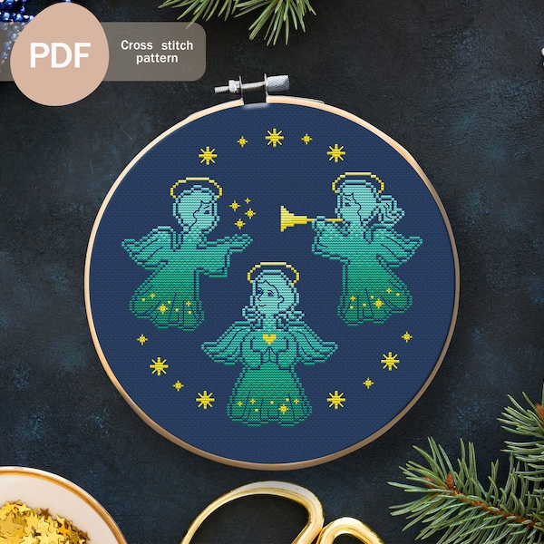 Three Angels In The Night Sky Cross Stitch Pattern PDF, Instant Digital Download, Angel Cross Stitch Pattern, Christmas Cross Stitch Pattern