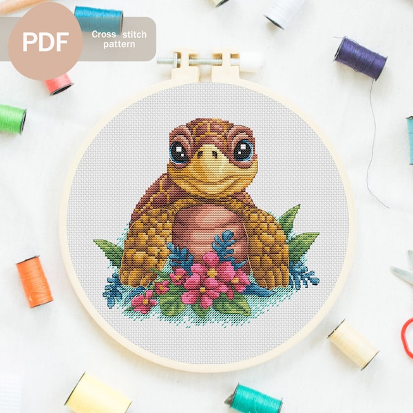 Floral Turtle Cross Stitch Pattern PDF, Instant Digital Download, Sea Turtle Embroidery Pattern, Sea Animals Cross Stitch Pattern